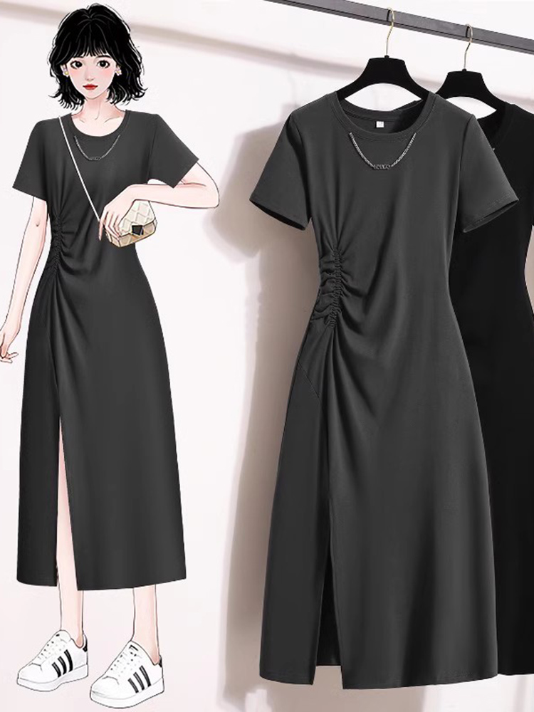 Korean Style A Line Shirt Dress - เดรสแขนสั้นสไตล์เกาหลี ดีไซน์เรียบหรู ทรงเอไลน์เอวสูง ความยาวระดับกลาง สำหรับฤดูร้อน รุ่นใหม่