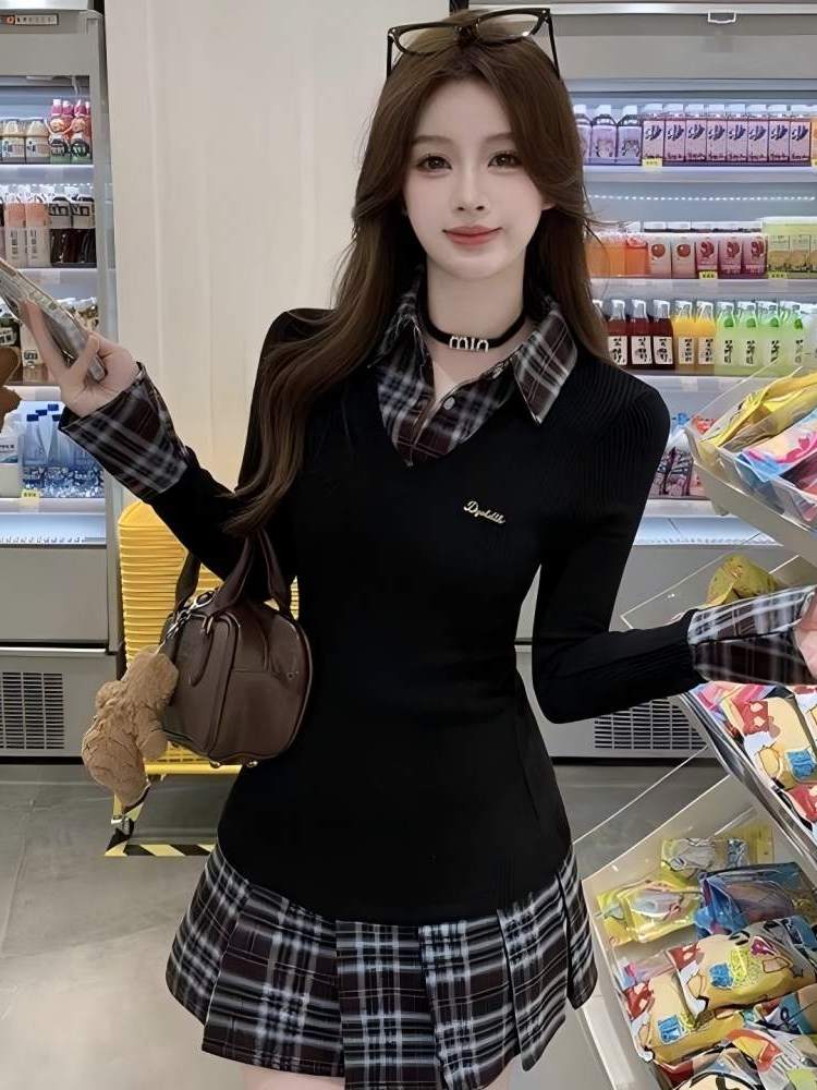 Korean Style A Line Shirt Dress - เดรสเชิ้ตทรงเอ แขนยาว ลายพิมพ์ ผ้าต่อลายสก็อต หวานๆ ทรงเข้ารูป