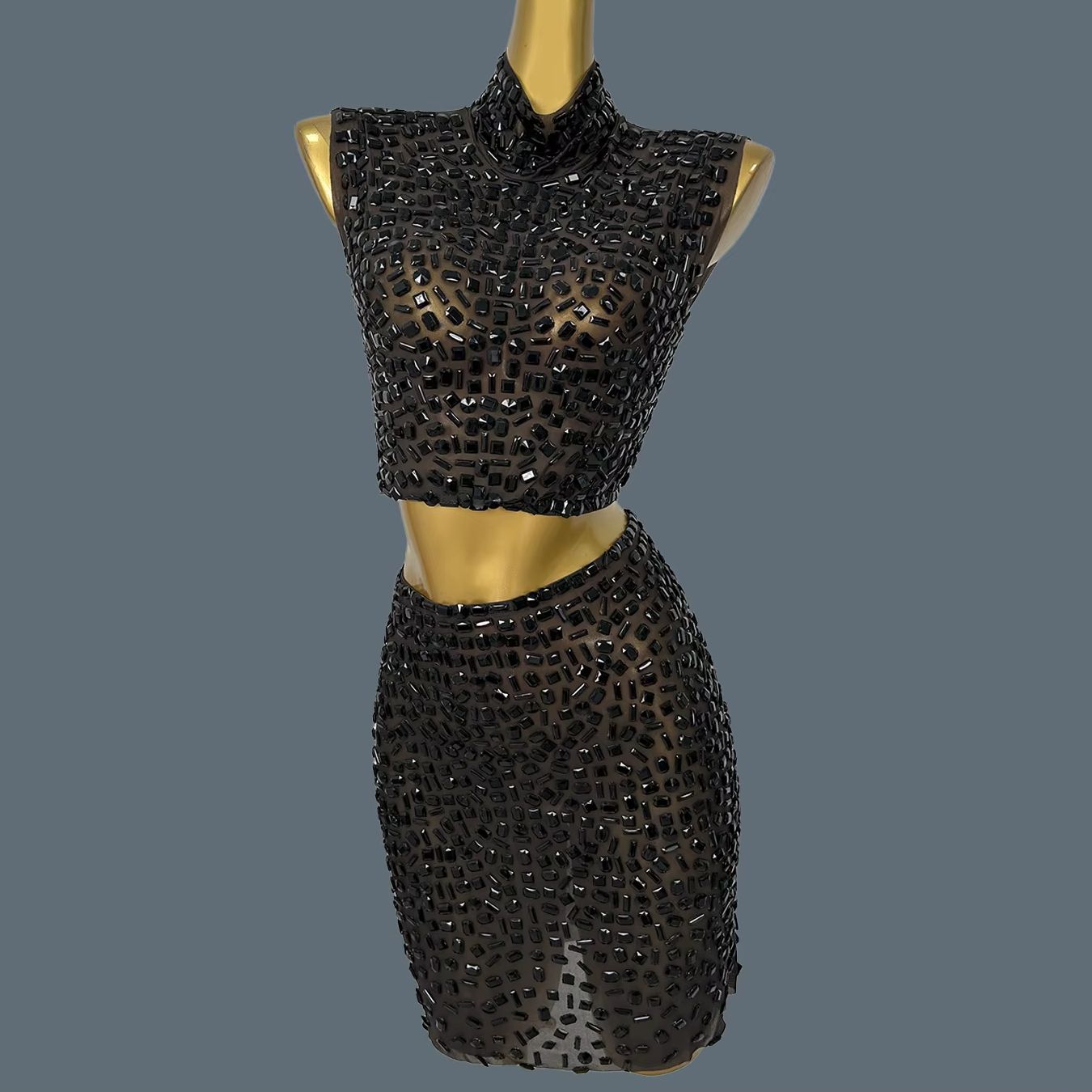 Sparkly Rhinestone Club Party Dress - ชุดเดรสประดับเพชรสีดำระยิบระยับสำหรับฤดูร้อน ชุดเซ็กซี่ผ้าตาข่ายซีทรู เสื้อครอปท็อปผู้หญิง กระโปรงสั้น ชุดเซ็ต 2