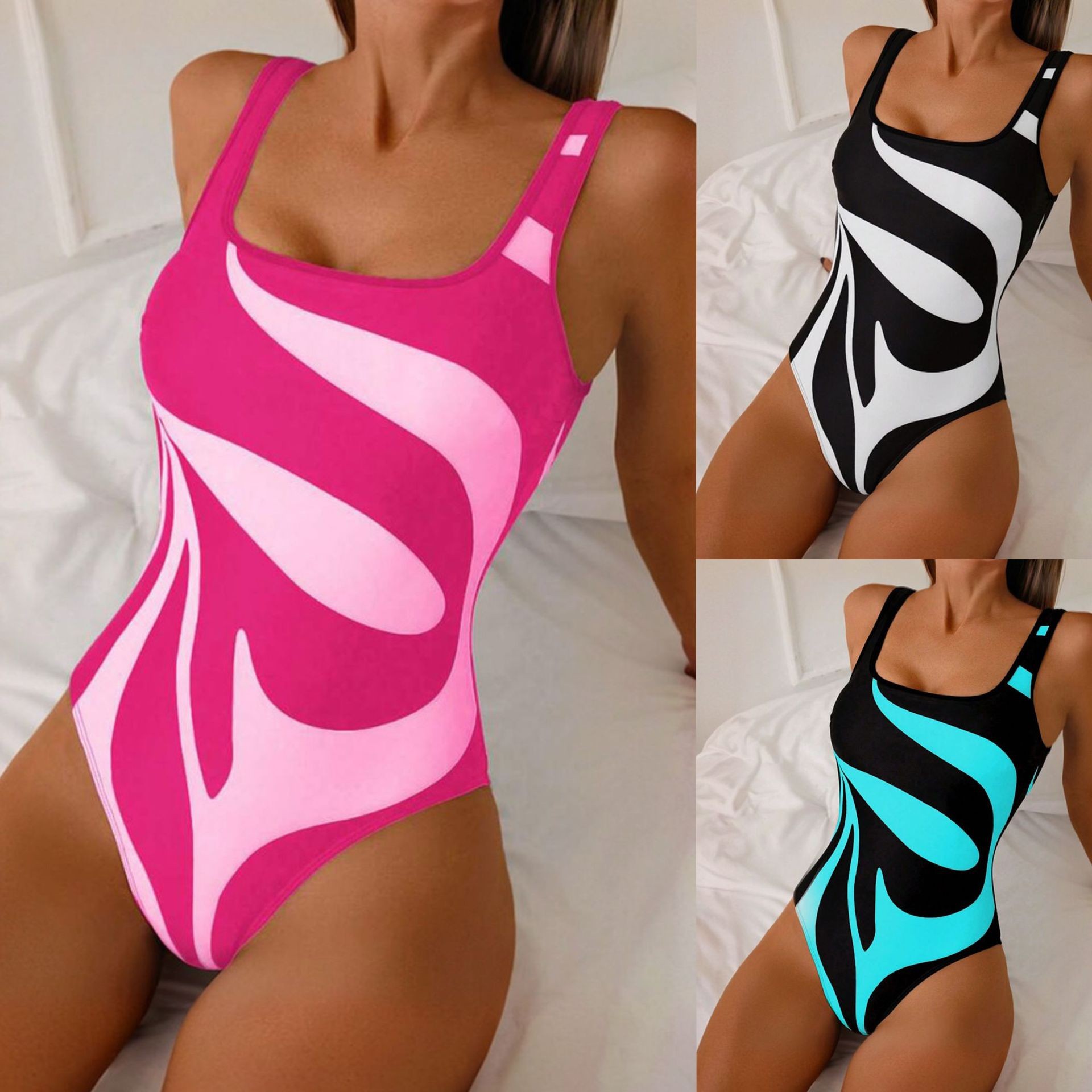Swimwear - ชุดว่ายน้ำผู้หญิงแบบ Tankini ลายพิมพ์นามธรรม ขาสูง คอเหลี่ยม สีชมพูและสีขาว