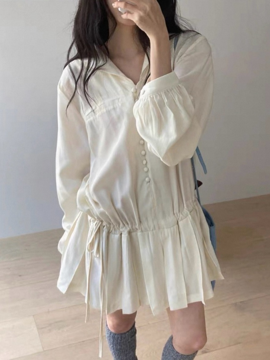Korean Style A Line Shirt Dress - เดรสเชิ้ตแขนยาวทรงเข้ารูปสำหรับผู้หญิง สไตล์เกาหลี ดีไซน์เก๋ มีเอกลักษณ์ จับจีบ มีเชือกรูด