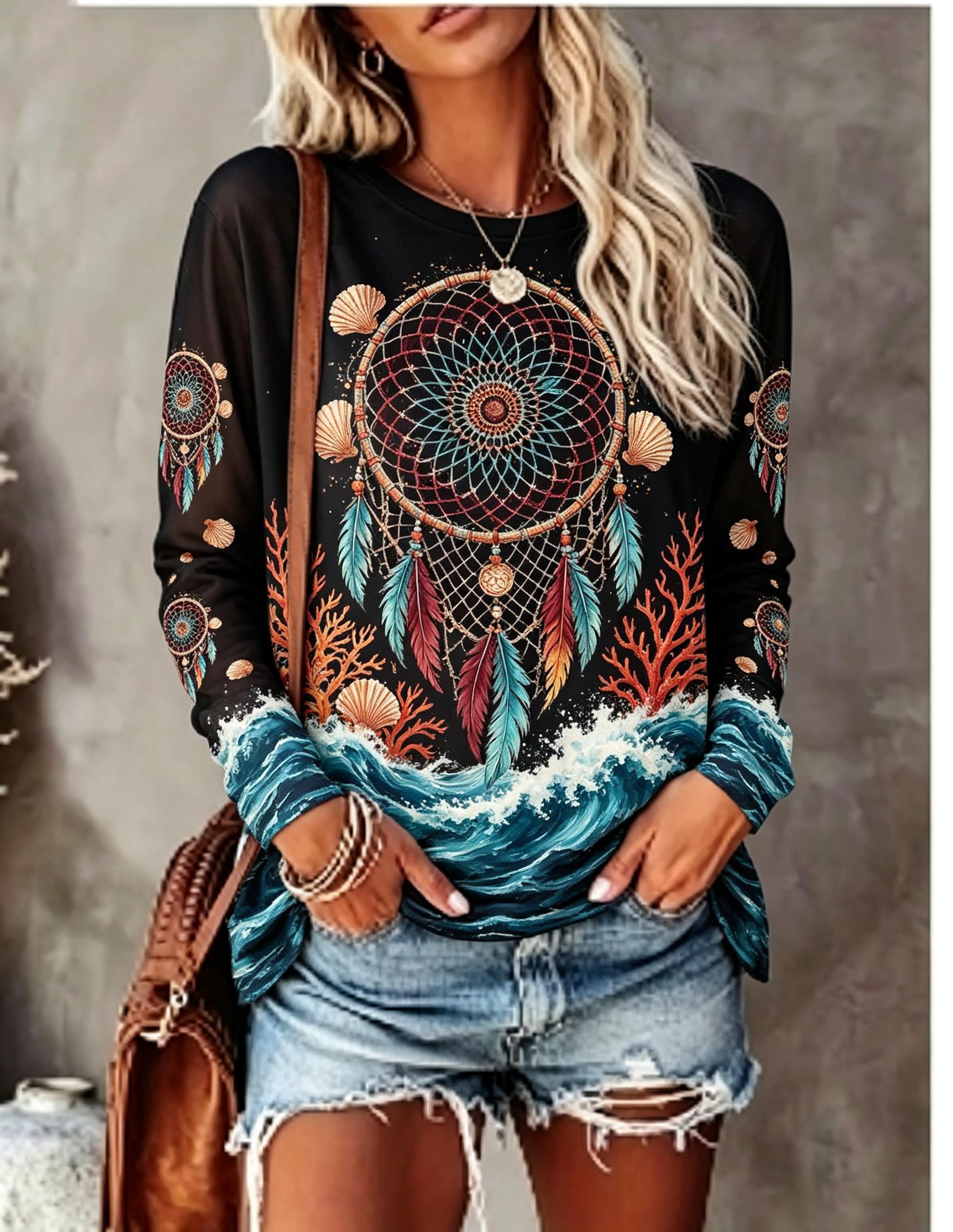 เสื้อยืดแขนยาวคอกลมผู้หญิง ลาย - Blouses บทวิจารณ์และราคา
