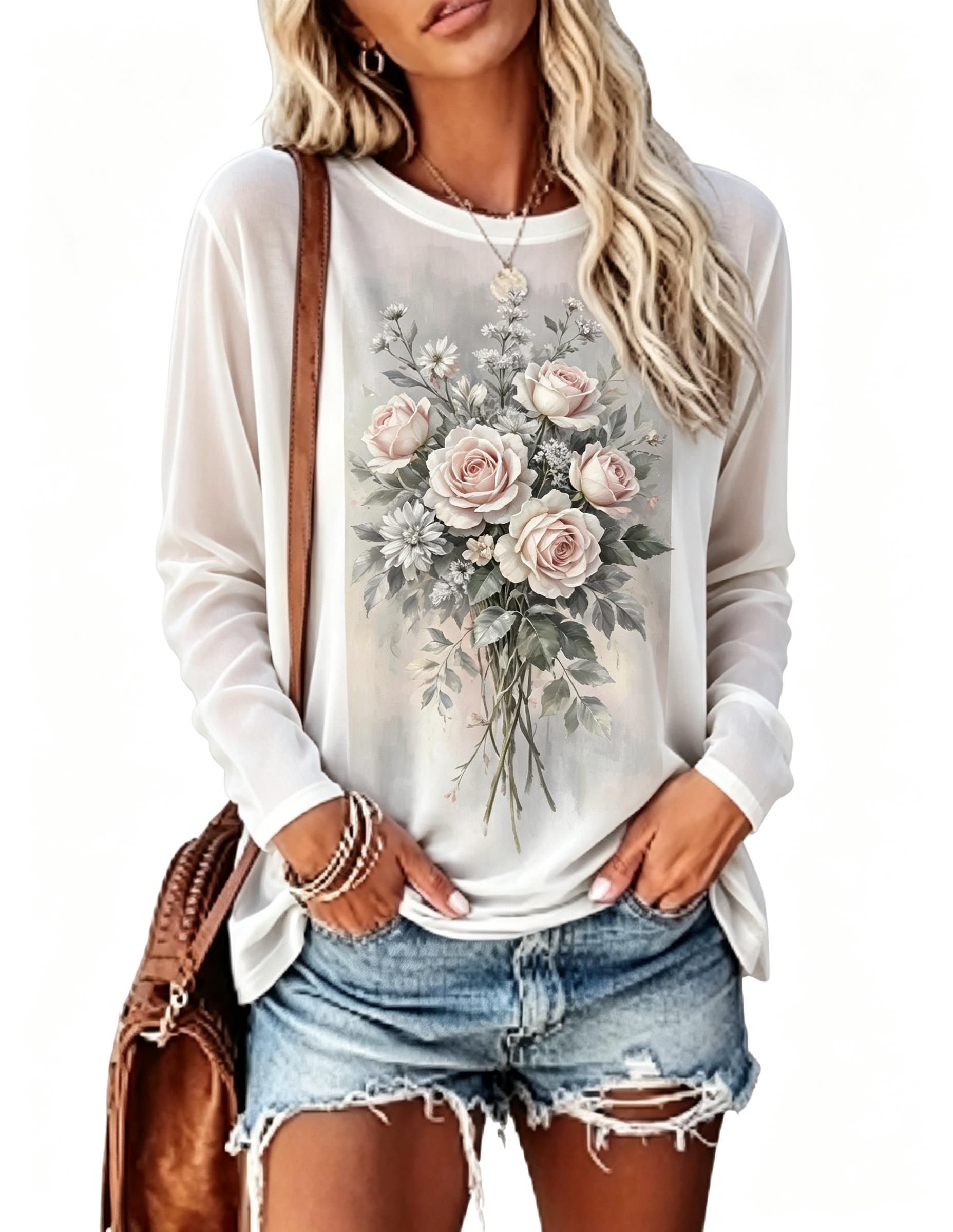 เสื้อยืดแขนยาวผู้หญิง ลายดอกกุ - Blouses บทวิจารณ์และราคา