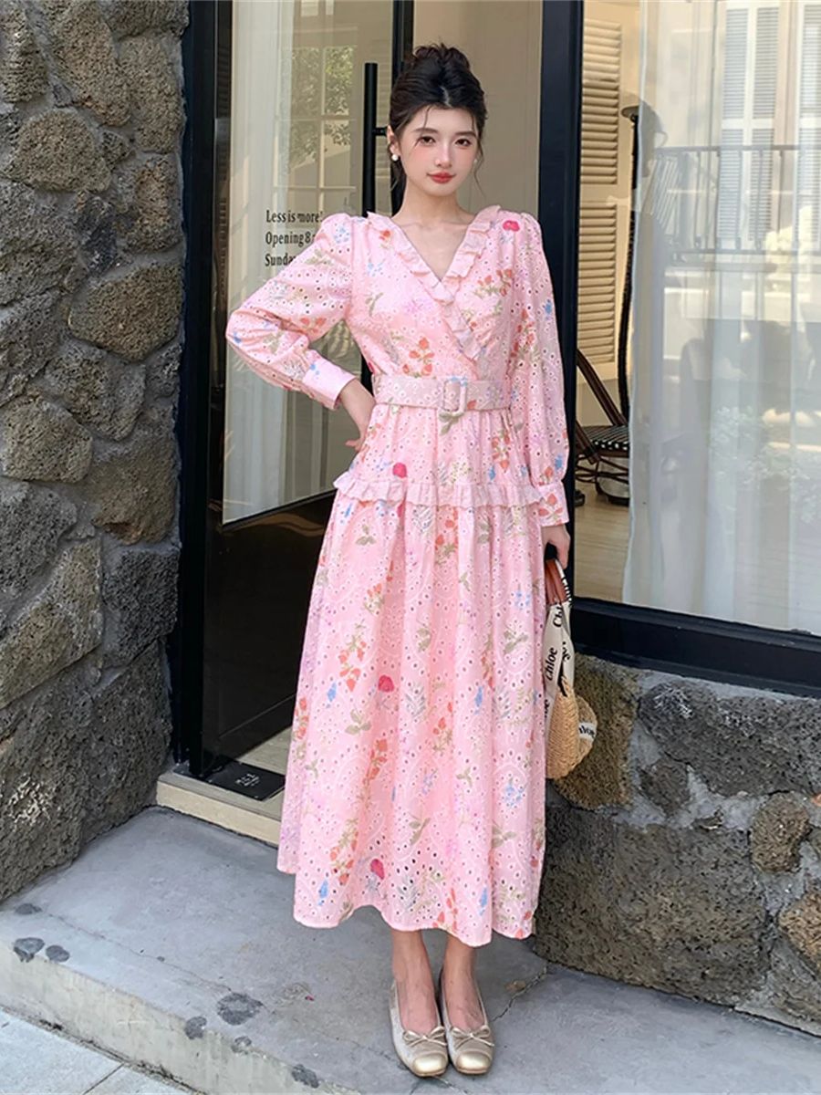 เดรสยาวปานกลางลายดอกไม้สไตล์ฝร - French Vintage Floral Midi Dress บทวิจารณ์และราคา