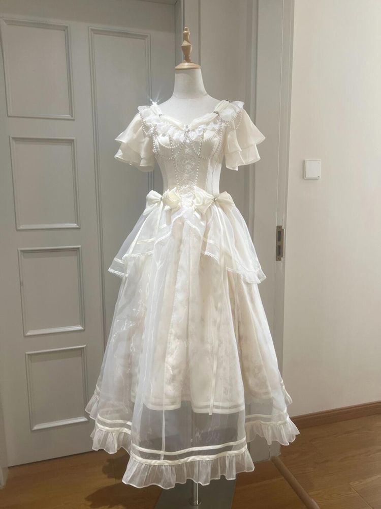 ป่าสไตล์หวานวินเทจโบว์ออกแบบชุ - French Vintage Floral Midi Dress บทวิจารณ์และราคา