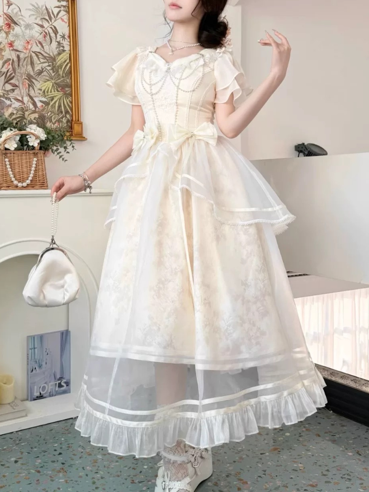 ป่าสไตล์หวานวินเทจโบว์ออกแบบชุ - French Vintage Floral Midi Dress บทวิจารณ์และราคา