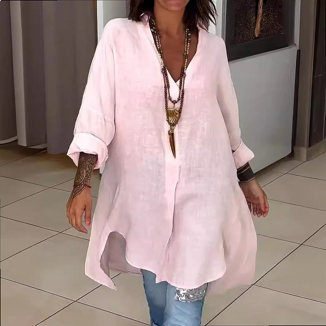 เสื้อเชิ้ตเดรสผ้าลินินสำหรับผู - Casual Loose Linen Shirt Dress บทวิจารณ์และราคา
