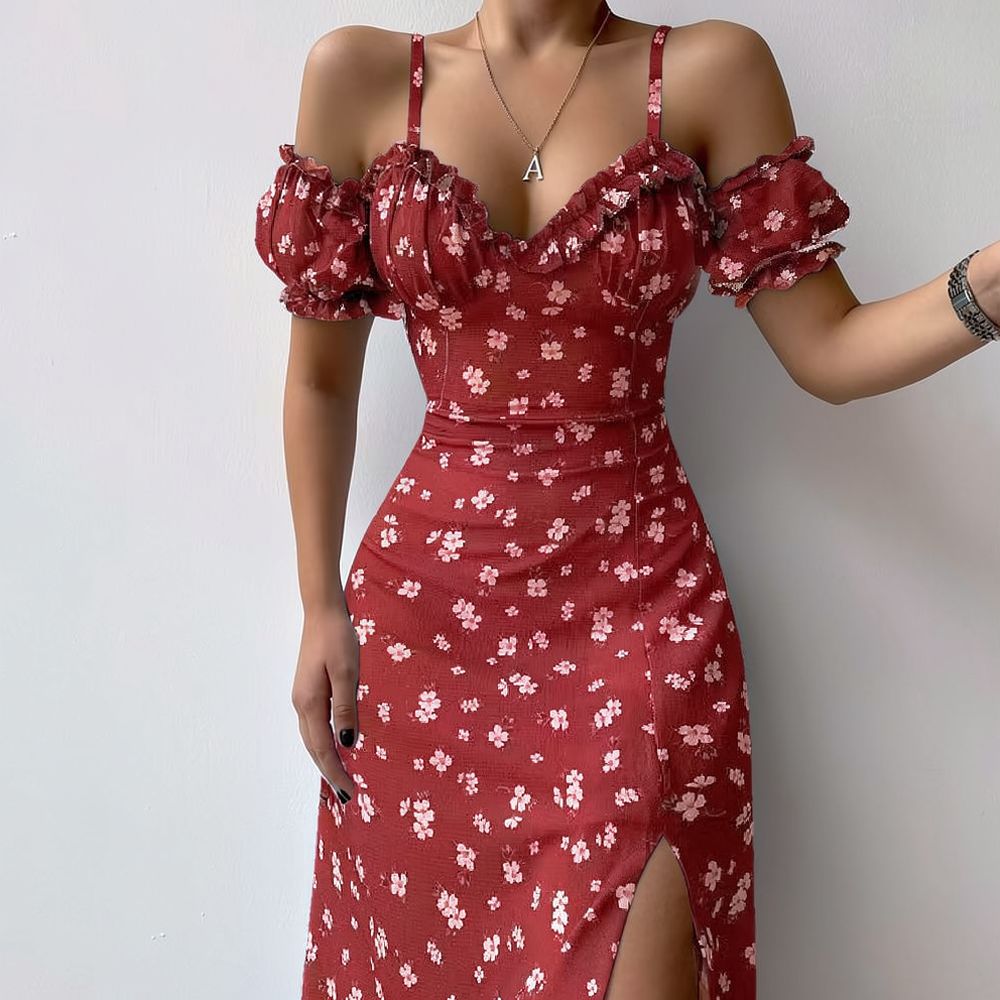 ชุดเดรสลายดอกไม้สำหรับผู้หญิง  - French Vintage Floral Midi Dress บทวิจารณ์และราคา