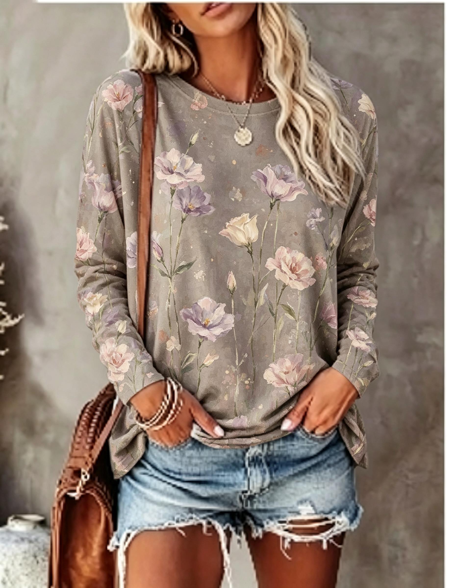เสื้อยืดแขนยาวผู้หญิง ลายพิมพ์ - Blouses บทวิจารณ์และราคา