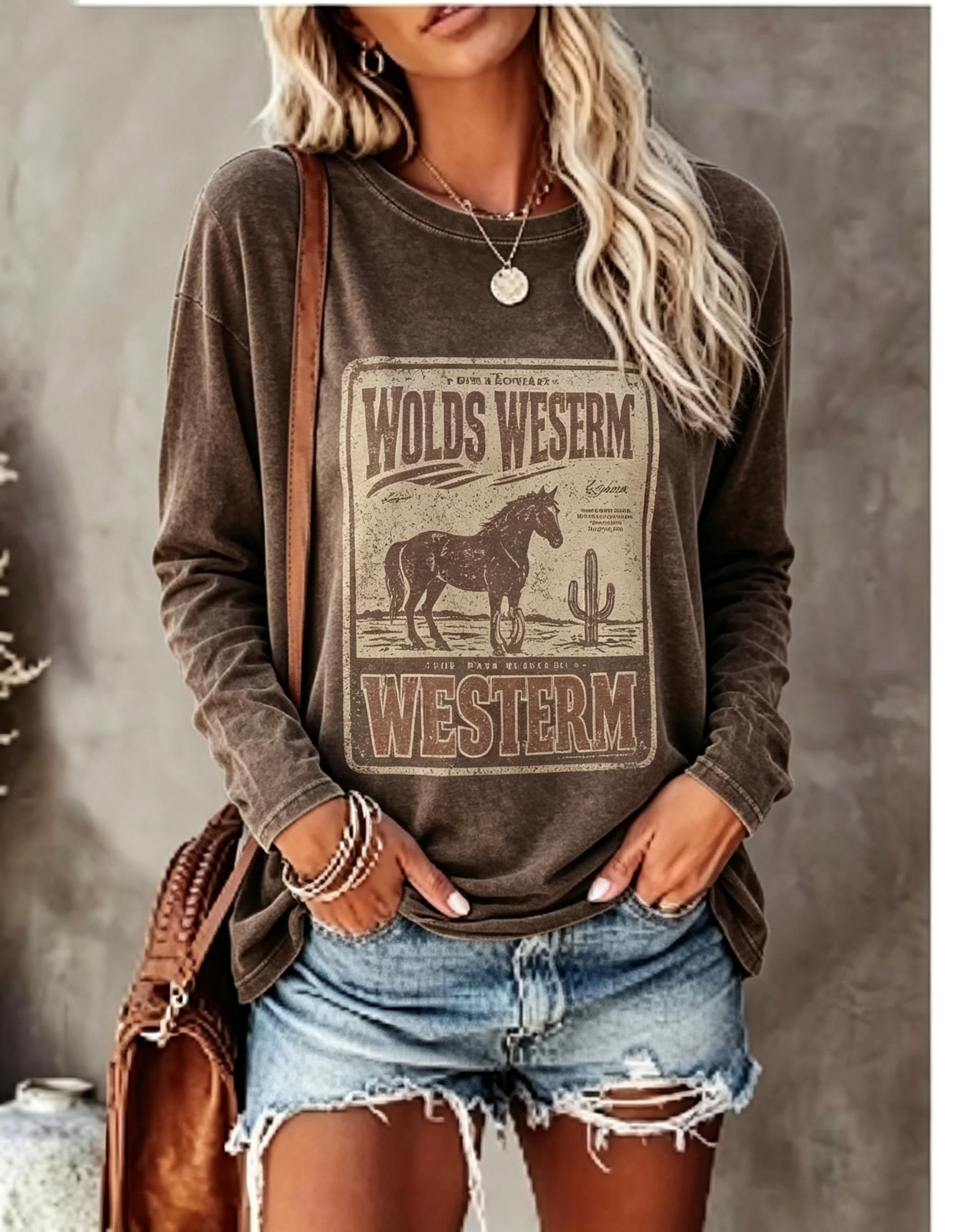 เสื้อยืดแขนยาวผู้หญิง ลายโปสเต - Blouses บทวิจารณ์และราคา