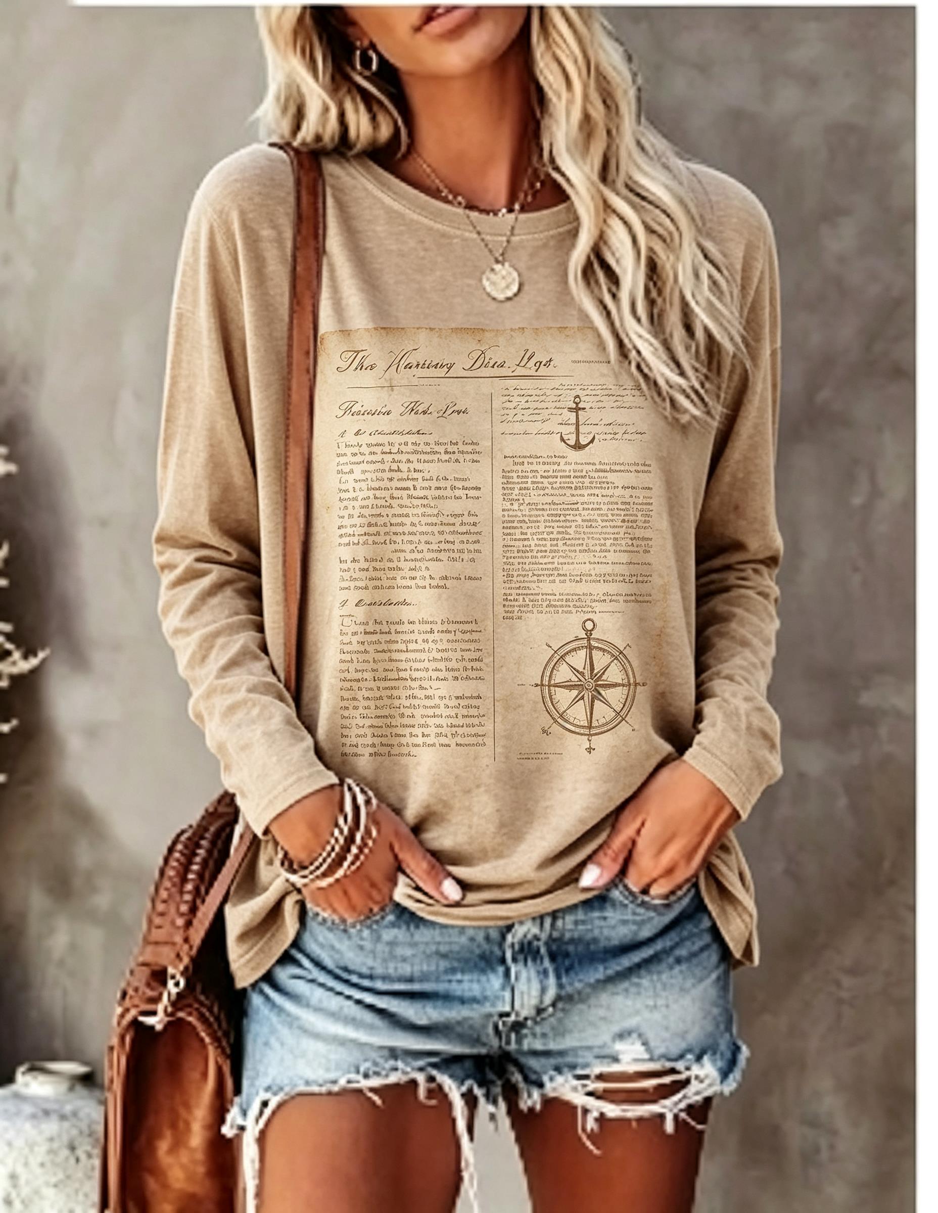 เสื้อยืดแขนยาวผู้หญิง ลายโปสเต - Blouses บทวิจารณ์และราคา
