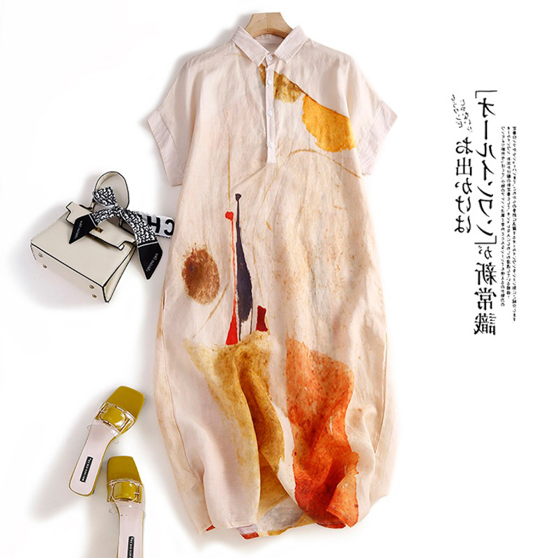 เดรสเชิ้ตผ้าฝ้ายลินินลำลองสำหร - Casual Loose Linen Shirt Dress บทวิจารณ์และราคา