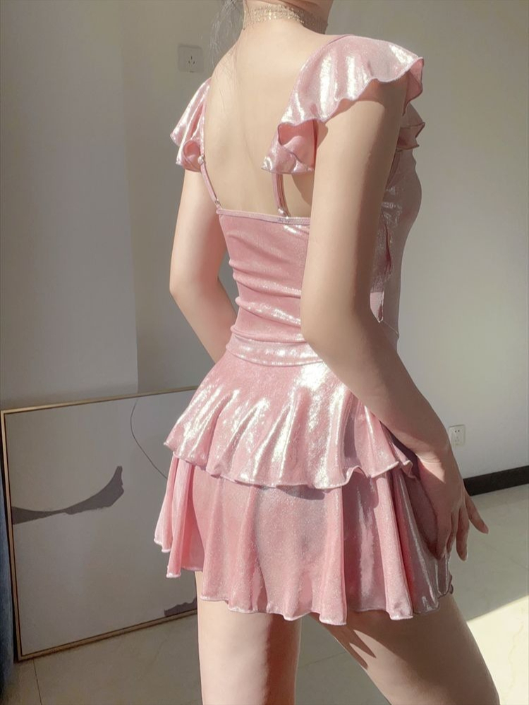 ชุดว่ายน้ำสีชมพูเงาสวยหรูสำหรั - Tops บทวิจารณ์และราคา
